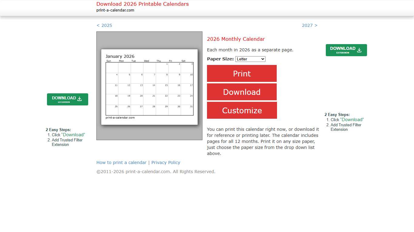 2026 Printable Monthly Calendar